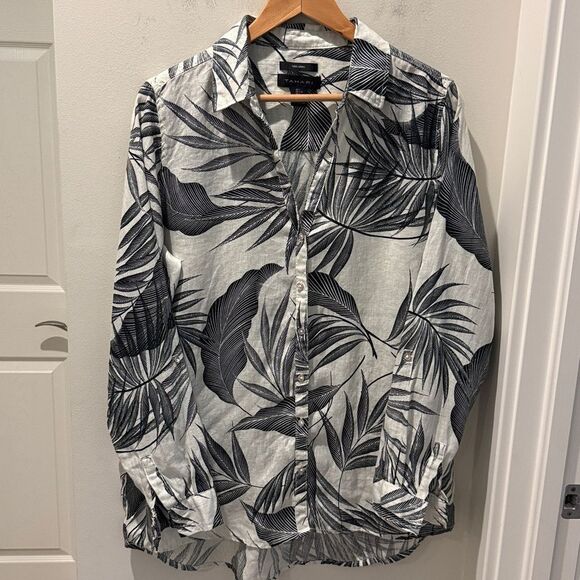 Tahari Tropical Leaf Pattern 100% Linen button down Shirt size Large - Picture 1 of 9